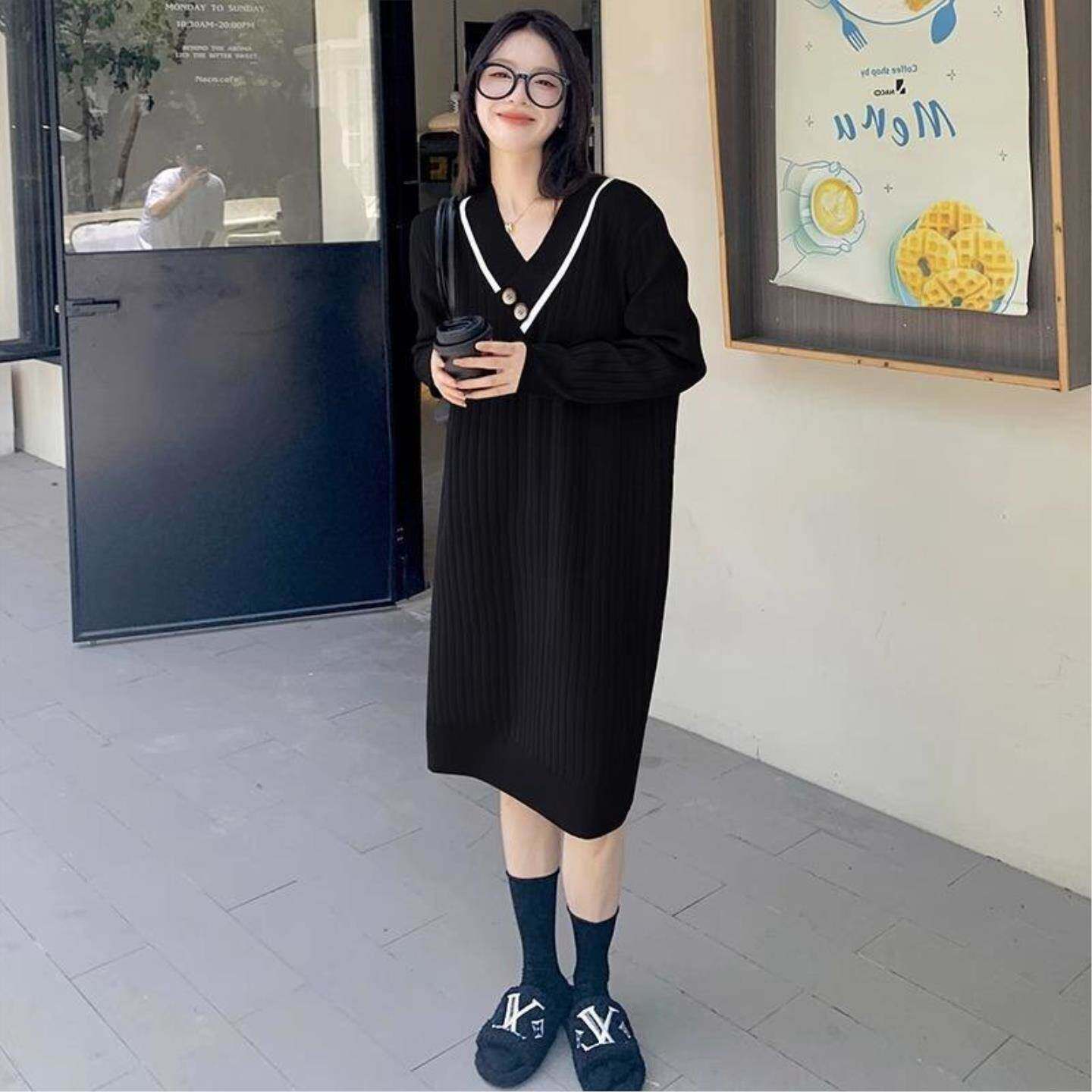 春夏新款胖MM2-300斤特大码宽松休闲V领长款过膝打底针织毛衣裙女