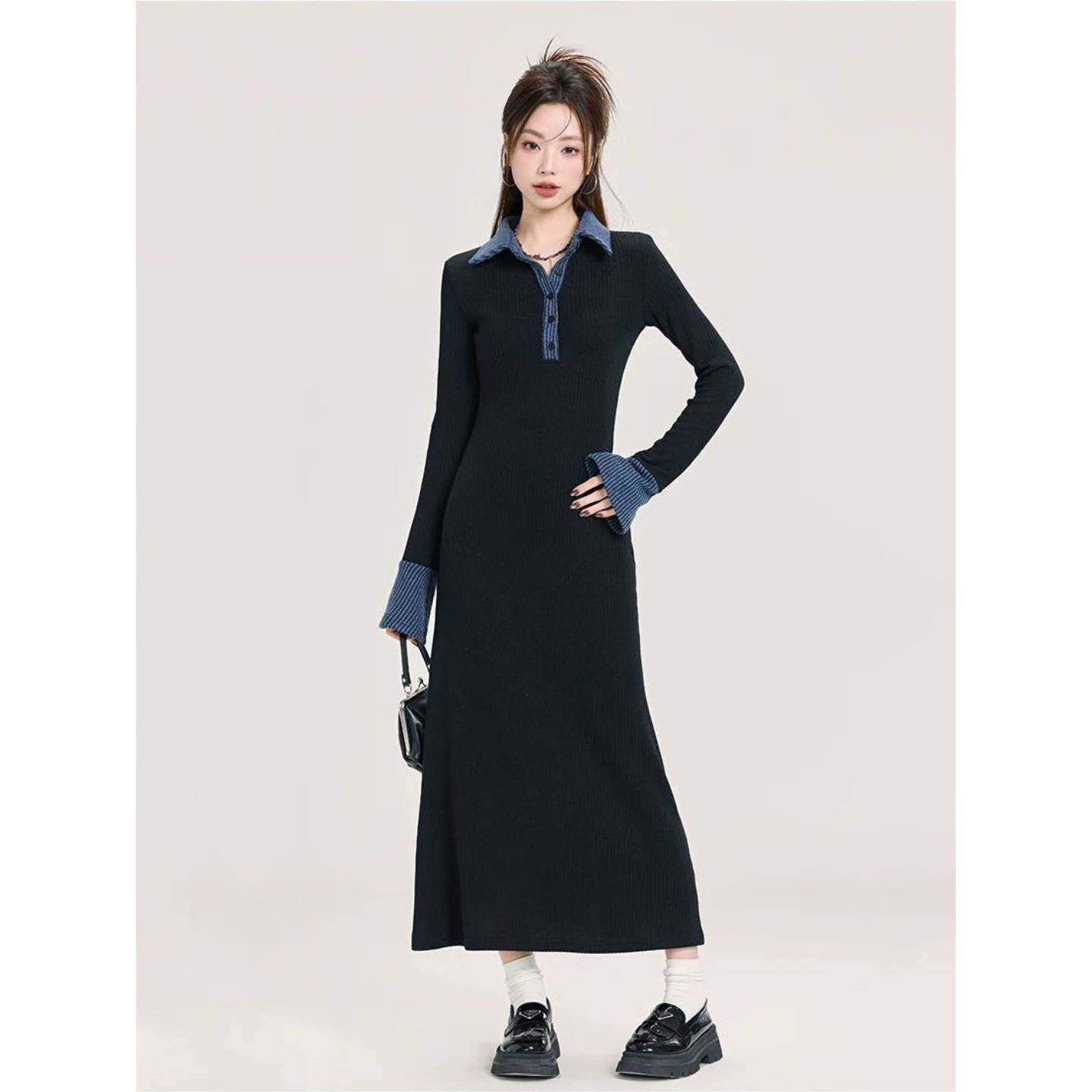 法式撞色Polo领针织连衣裙女2026年春夏新款修身显瘦气质打底长裙