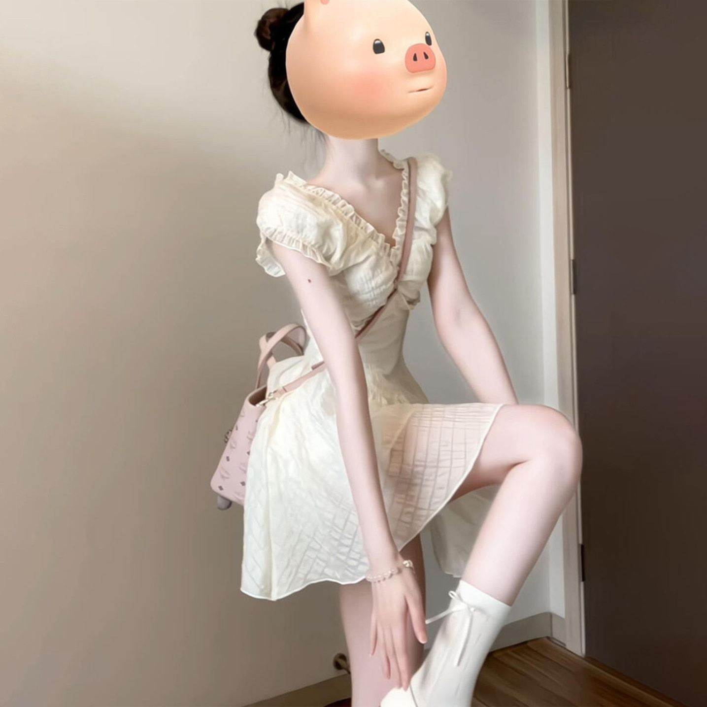 夏季2026新款女泡泡袖白色衬衫连衣裙收腰小个子学院风小众设计感