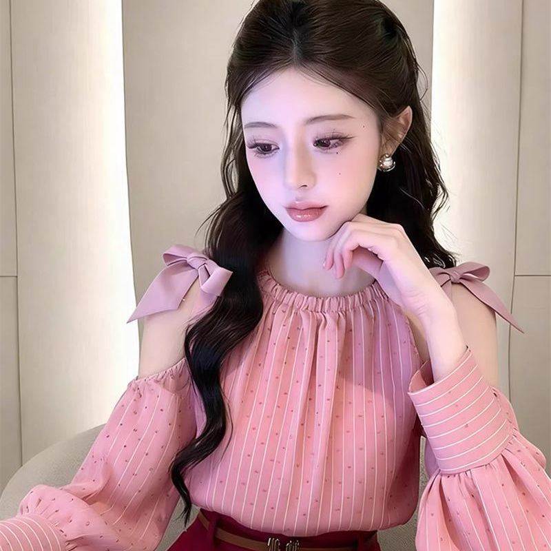 韩版洋气减龄蝴蝶结粉色波点衬衫春秋新款气质百搭显瘦露肩上衣女