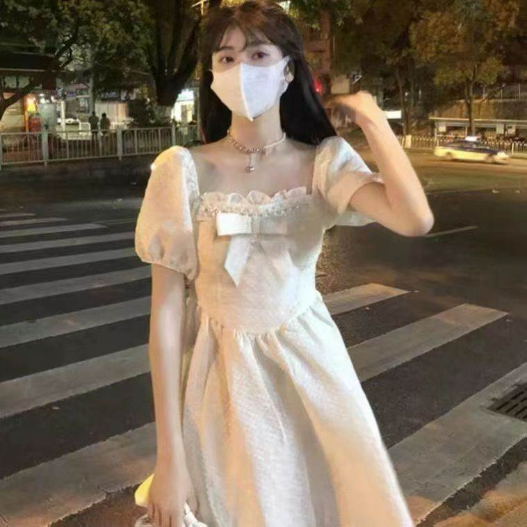 法式蝴蝶结泡泡袖连衣裙女春秋超好看独特绝美初恋公主短款蓬蓬裙