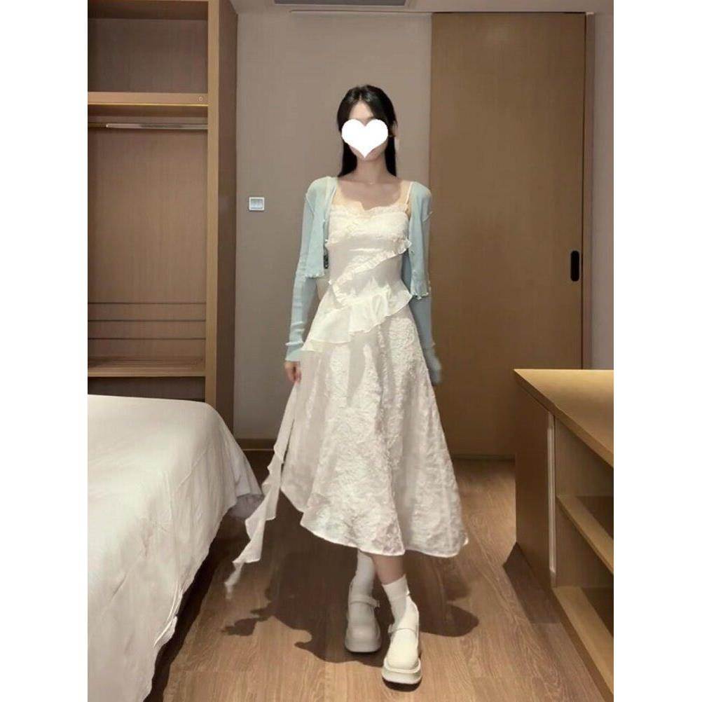 韩系设计感不对称甜美法式收腰显瘦仙女吊带连衣裙子开衫两件套女