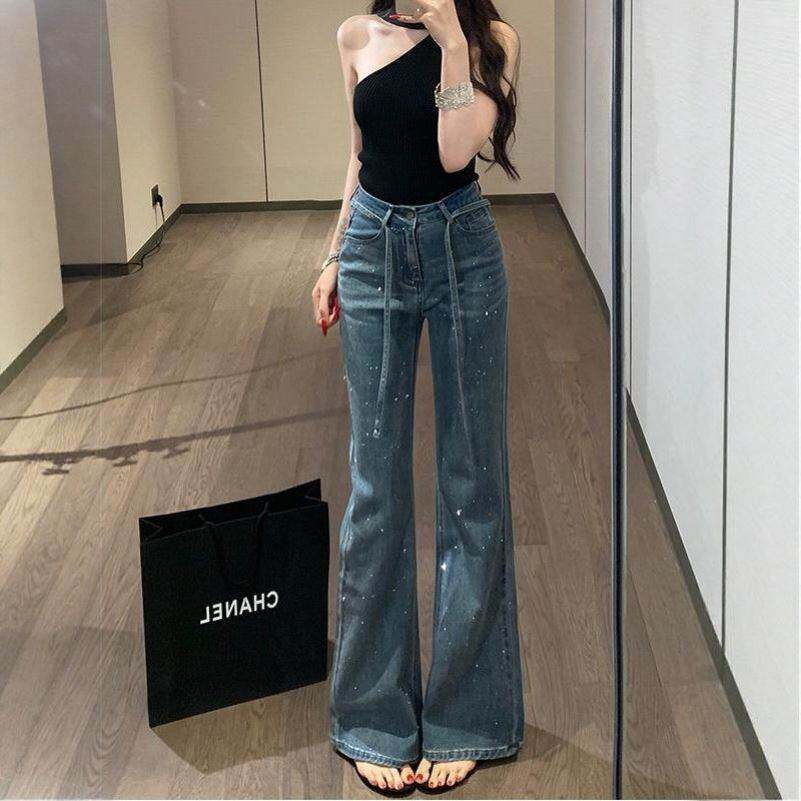 满天星闪钻不贴腿微喇牛仔裤女2026夏季高腰抽绳显瘦长裤图片