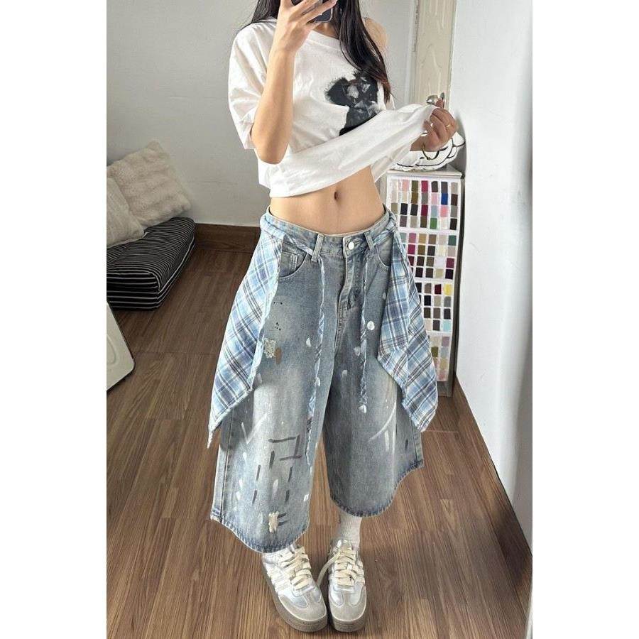 设计感街头泼墨七分牛仔裤女夏季新款撞色格纹复古直筒短裤子