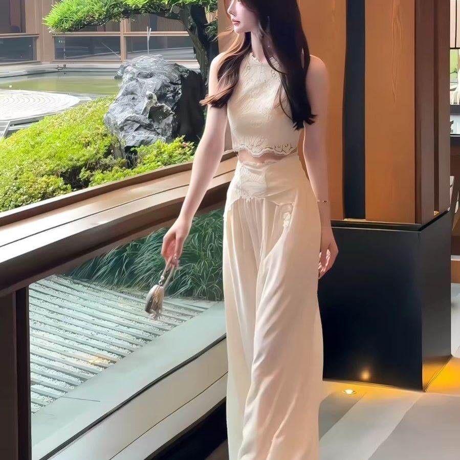 2026夏季新款设计感小众无袖蕾丝上衣高腰直筒长裙两件套