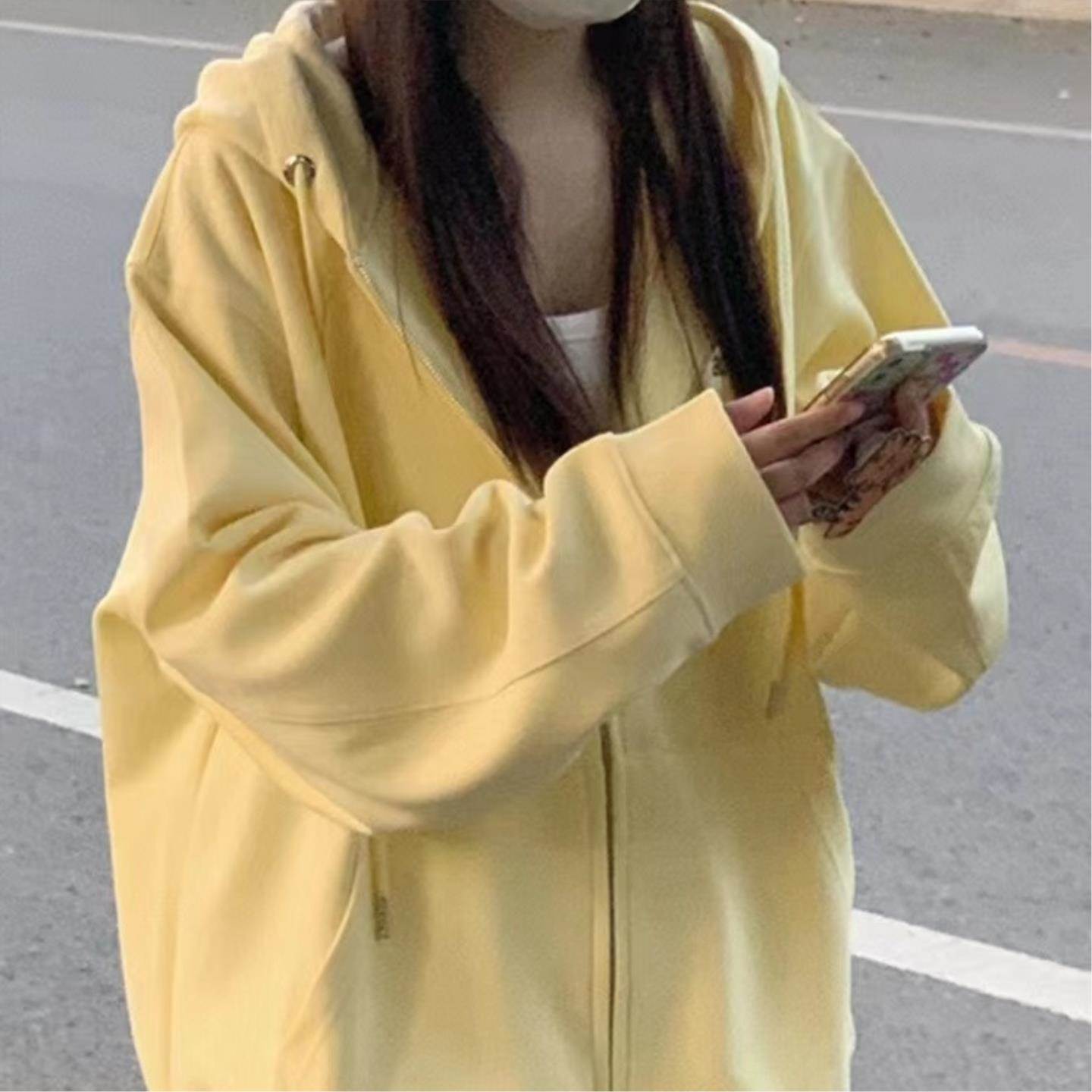 重磅韩版奶黄色卫衣外套女春秋新款薄款小个子宽松慵懒风高级开衫
