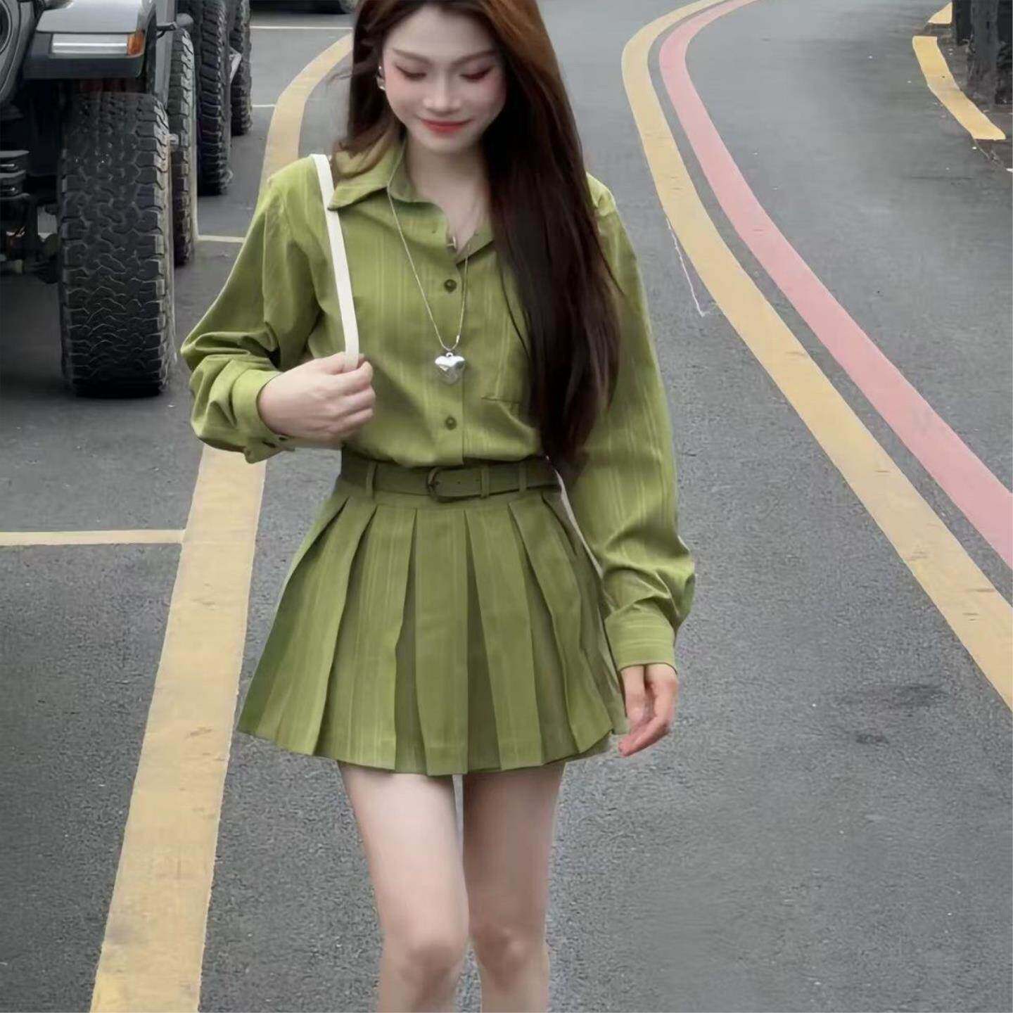 绿色小香风衬衫短裙短裤两件套装裙女