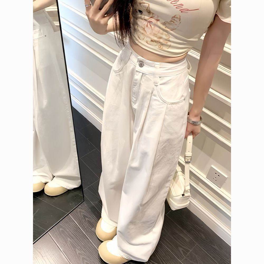 白色褶皱垂感阔腿牛仔裤女秋季学生新款高腰宽松显瘦拖地堆堆裤