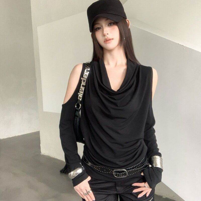 辣妹风白色露肩荡领长袖T恤女秋季设计感修身显瘦气质打底衫上衣
