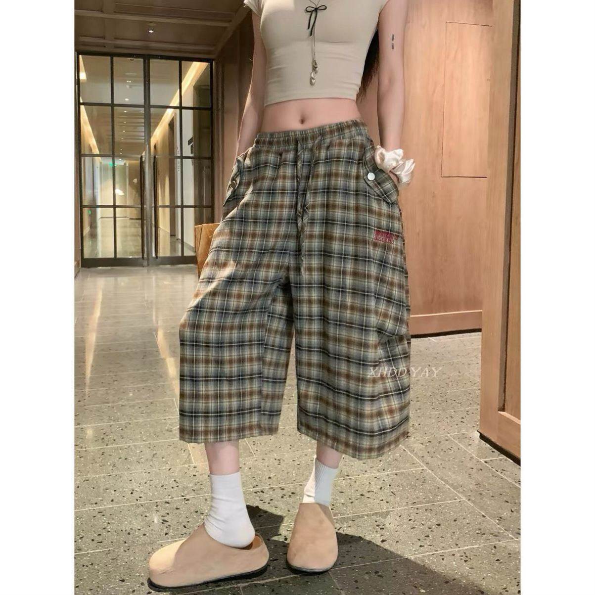 美式复古撞色格纹休闲七分裤子女夏薄款慵懒感小个子宽松阔腿短裤