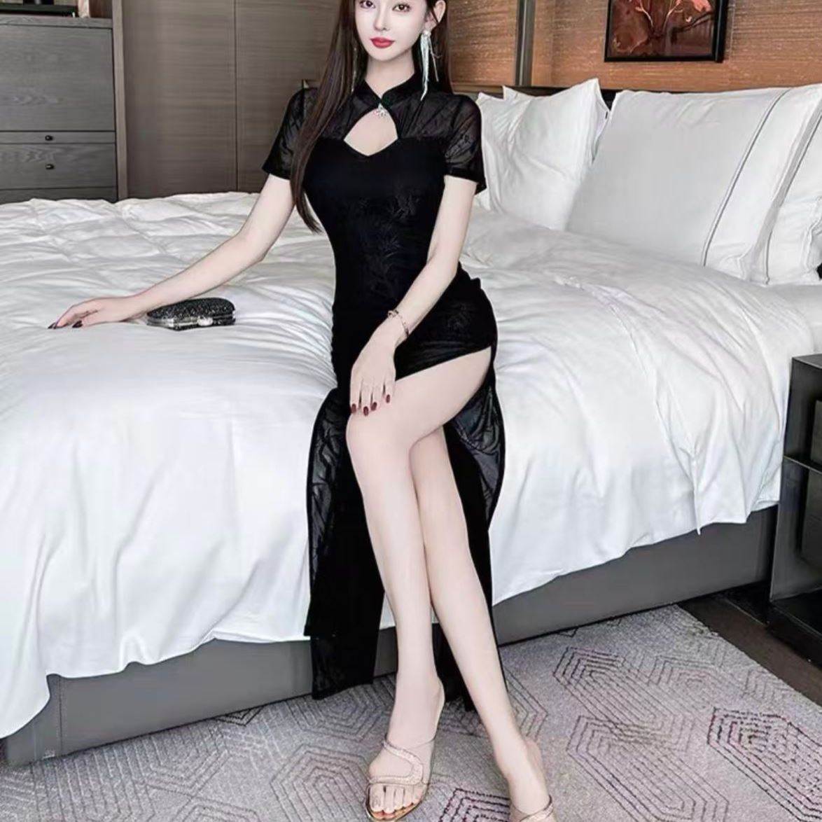 中式改良性感黑色旗袍连衣裙夜店夏季显瘦礼服修身气质裙子