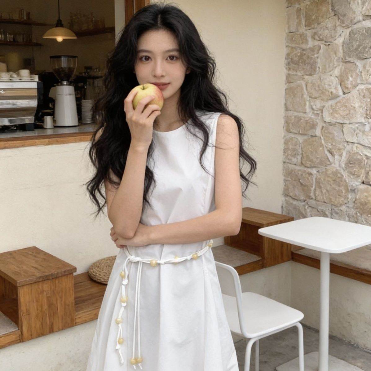 韩版白色无袖花苞串珠腰带连衣裙女2026新款夏季甜美气质显瘦长裙