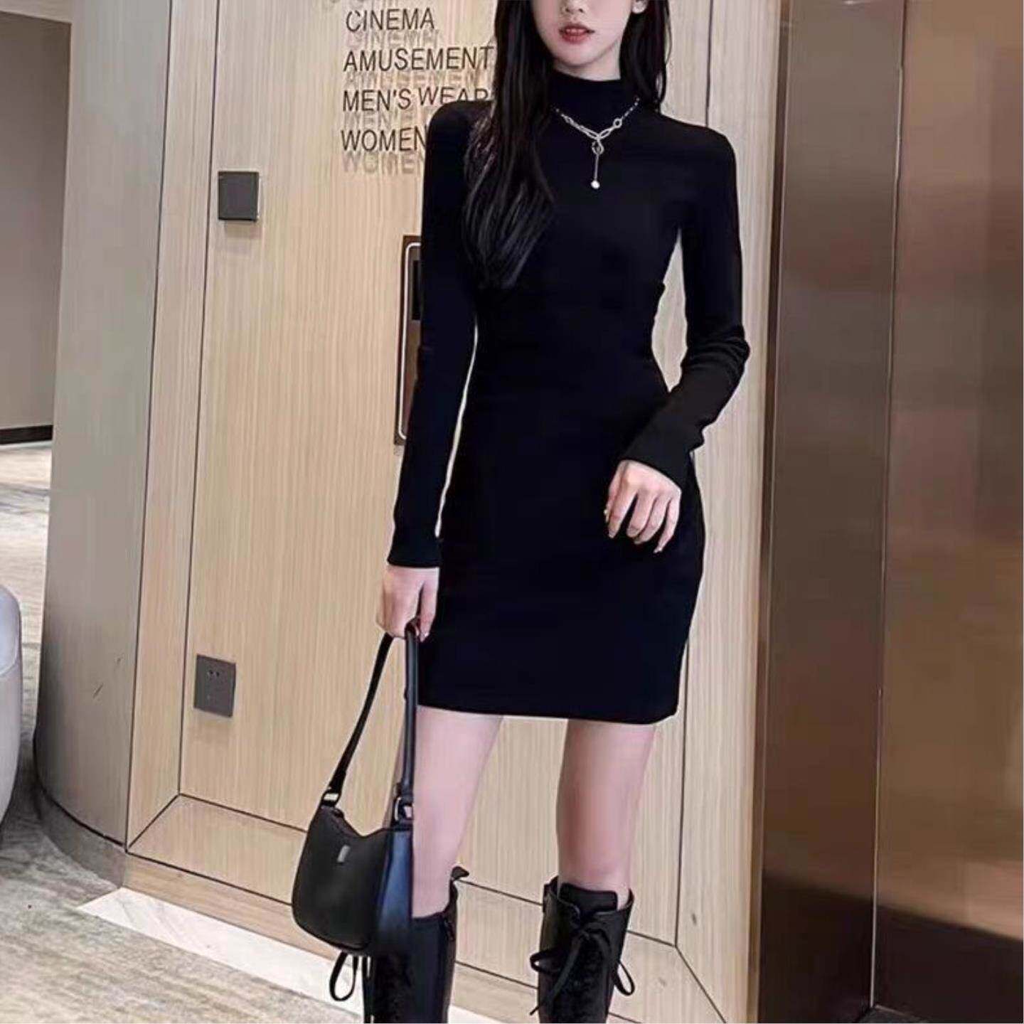 加绒保暖连衣裙春夏装女长袖包臀磨毛加绒内搭紧身显瘦气质短裙子