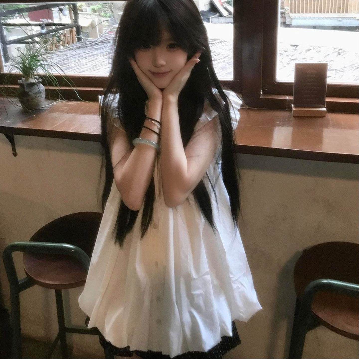 2026韩系甜美温柔设计感小个子飞飞袖系带蝴蝶结拼接花苞衬衫上衣