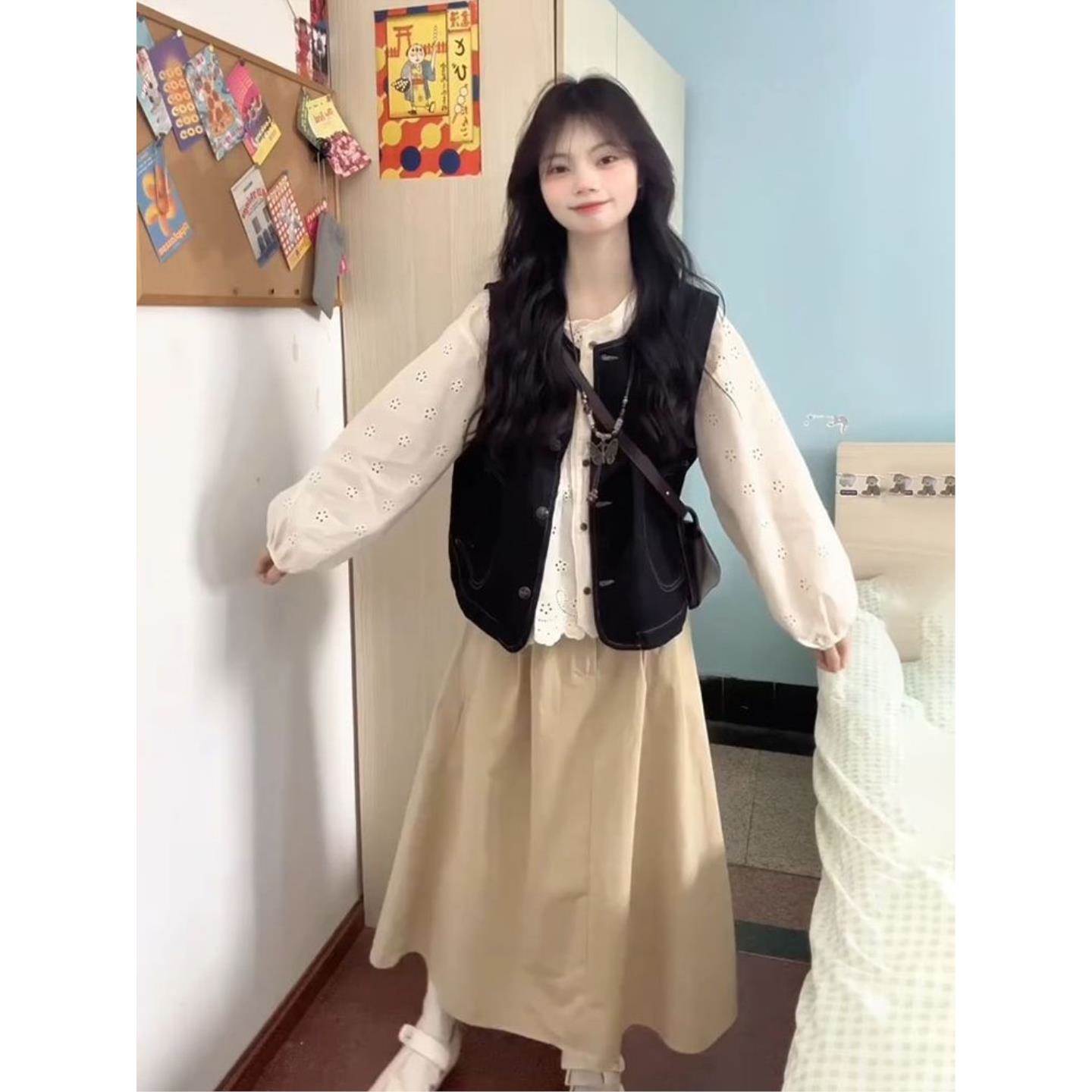 三件套装法式学院风针织开衫马甲秋季女学生+茶歇半身裙+长袖衬衫