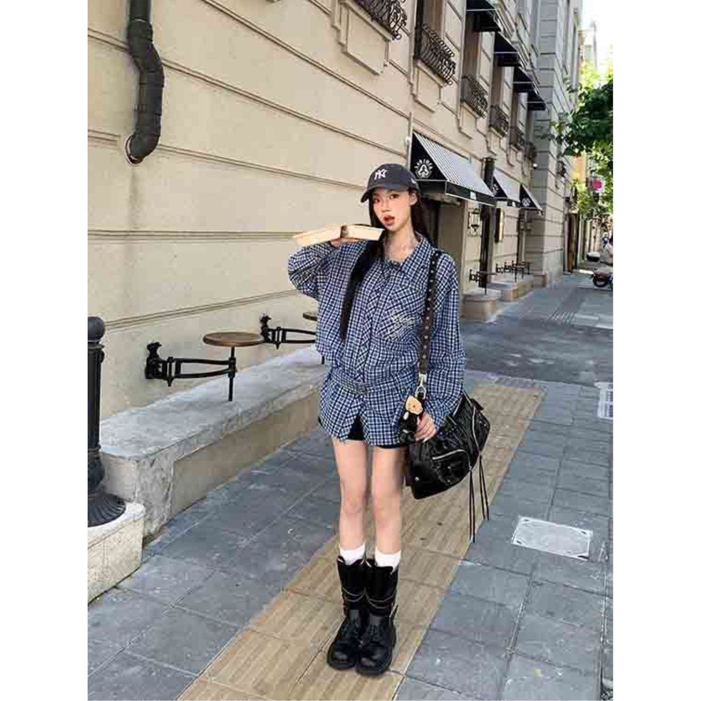2026早春新款宽松格子韩版中长款宽松淑女衬衫外套女