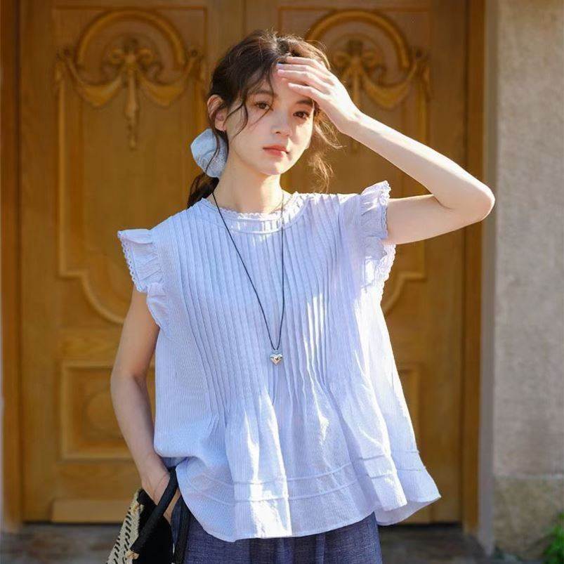 2026夏季日系文艺小清新打褶重工小飞袖衬衫女圆领衬衣上衣