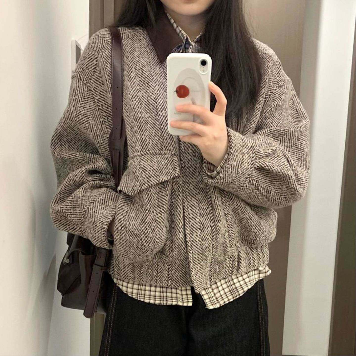 美式复古翻领夹克外套女学生秋季新款设计感宽松百搭休闲棒球服