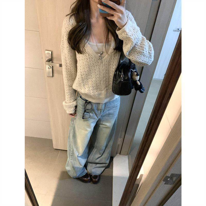春秋穿搭领马海毛女针织罩衫吊带两件套装