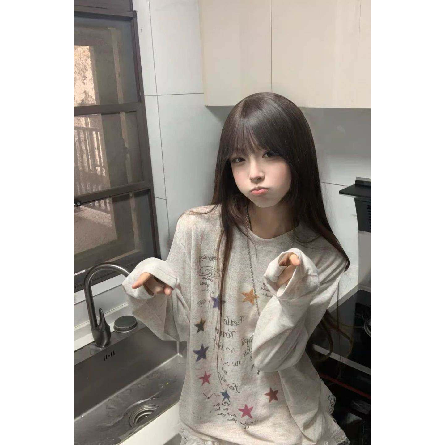 美式复古彩纱星星长袖t恤女2026新款罩衫慵懒风夏季宽松防晒上衣