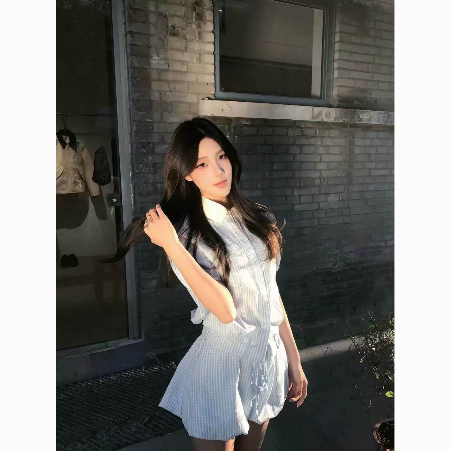 韩系翻领蓝色格子短袖衬衫女2026夏新款百搭甜美花苞短裙两件套装