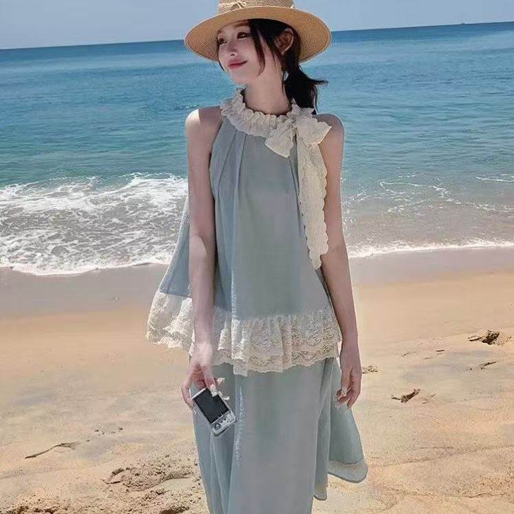 夏季套装裙女薄荷绿露肩曼波风蝴蝶结挂脖上衣半身裙