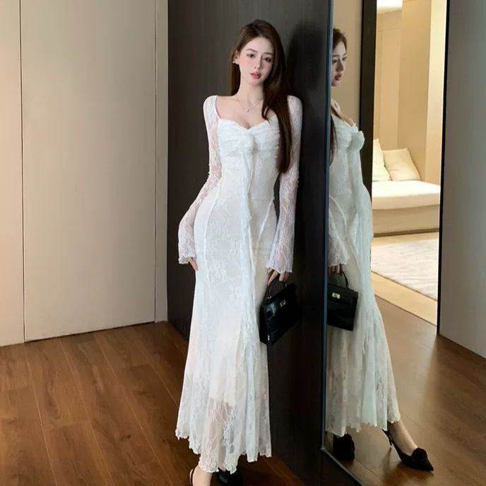法式白色v领长袖连衣裙女春夏蕾丝拼接修身长裙气质收腰包臀裙子