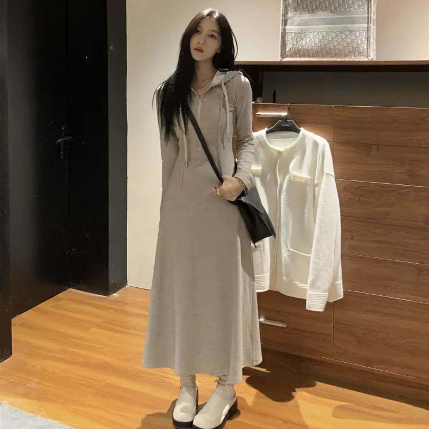 高档针织加绒连帽长裙百搭春夏连衣裙可外穿可打底裙