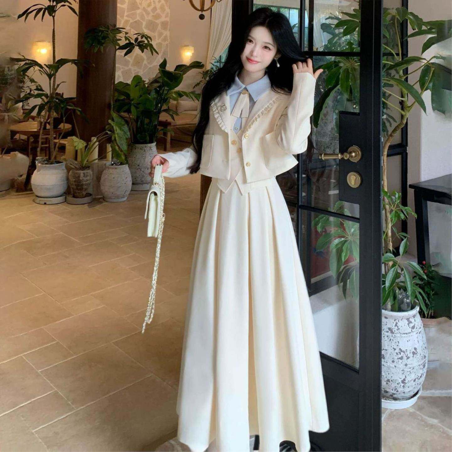 木耳边西装短外套复古学院假两件连衣裙韩版精致套装女