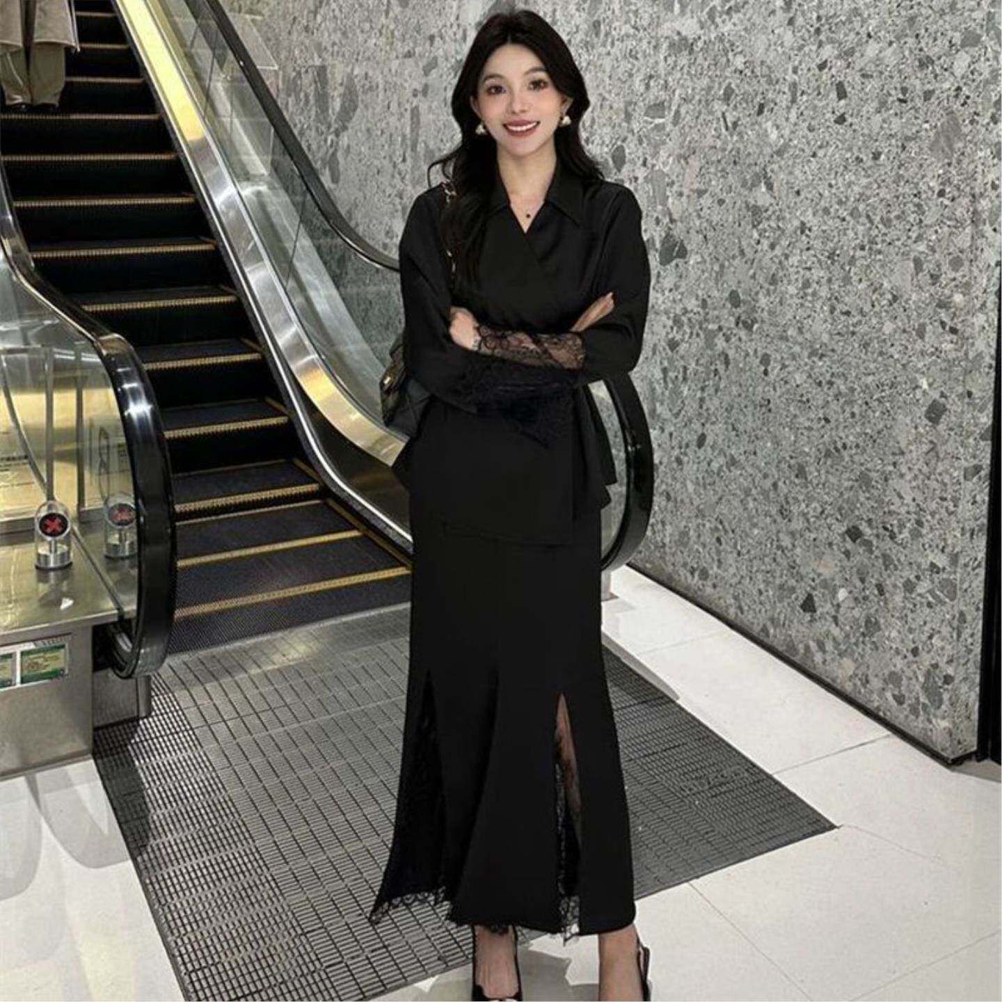 黑色蕾丝拼接衬衫优雅通勤装显瘦设计感长袖上衣春季新款大码女士