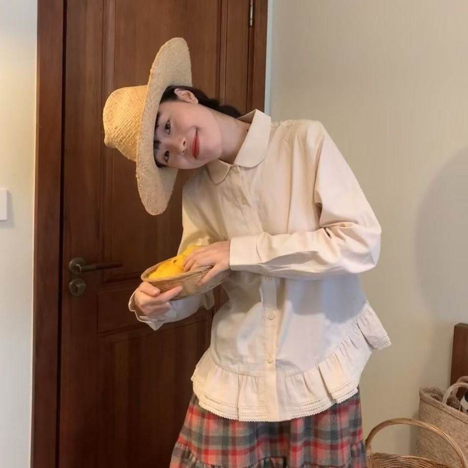 日系甜美三层蕾丝荷叶边衬衫女长袖文艺复古软妹减龄学院百搭上衣