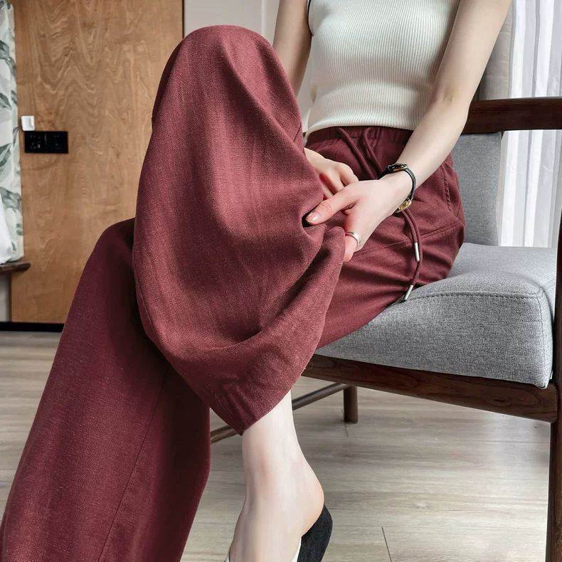 冰丝棉麻阔腿裤女夏薄款2026新款高级莱赛尔天丝亚麻苎麻黄色裤子