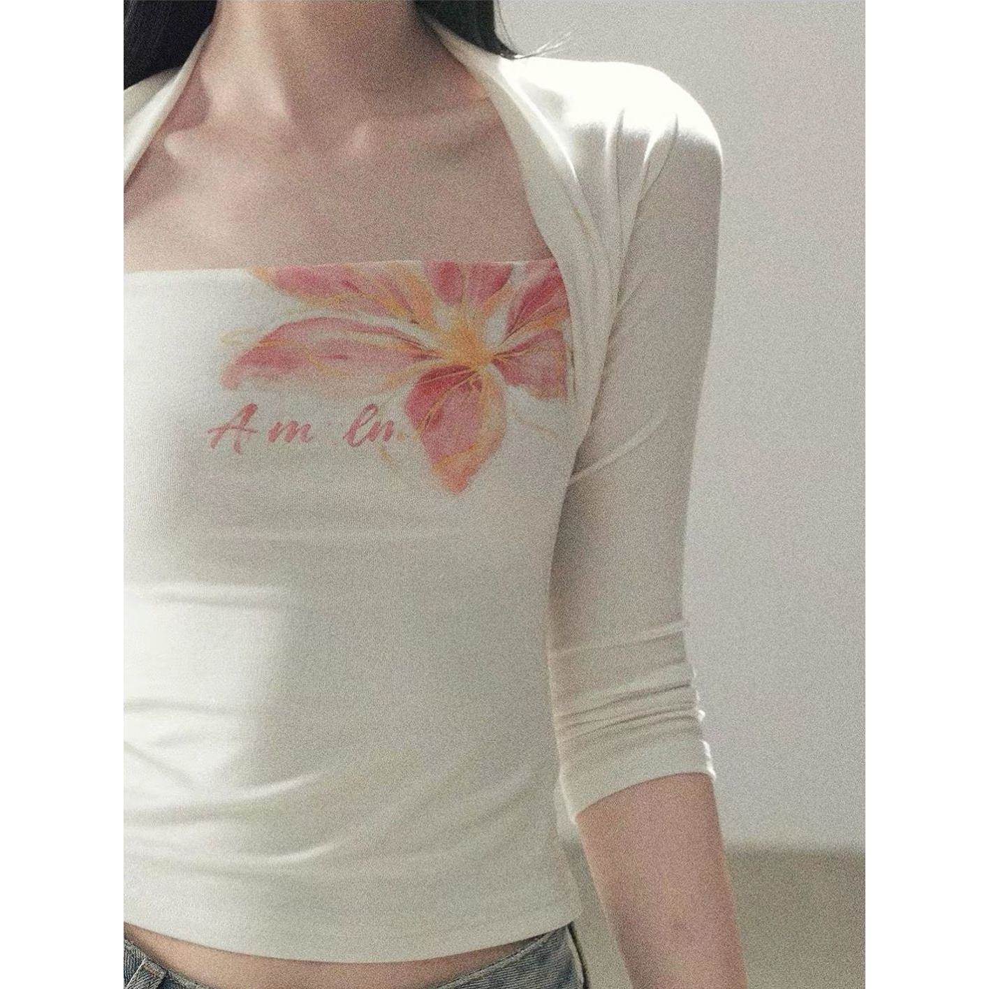 斜方肌修身假两件隐秘的花开夏日中袖坎肩T恤女夏季短款ins