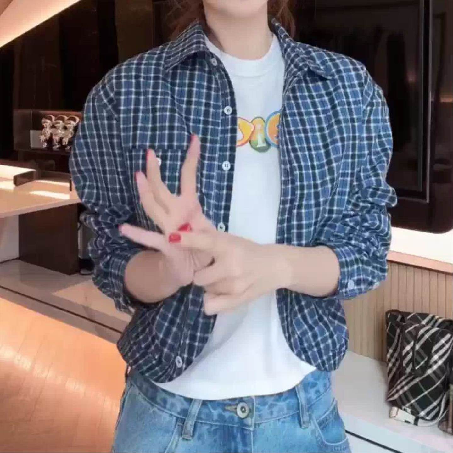 格子长袖衬衫短外套女秋季2026年新款慵懒风显瘦防晒衫上衣