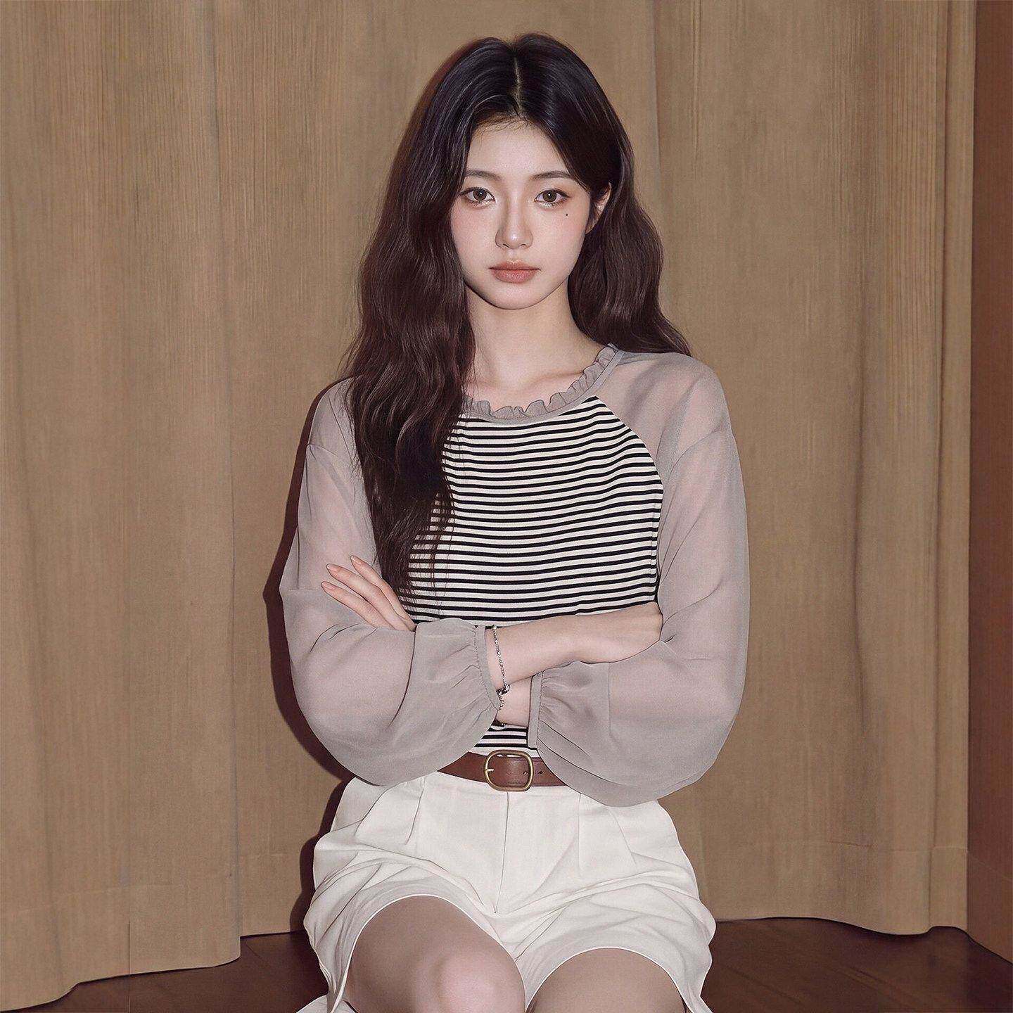 条纹拼接圆领衬衫女秋季韩系木耳边泡泡袖宽松甜美风约会穿搭上衣