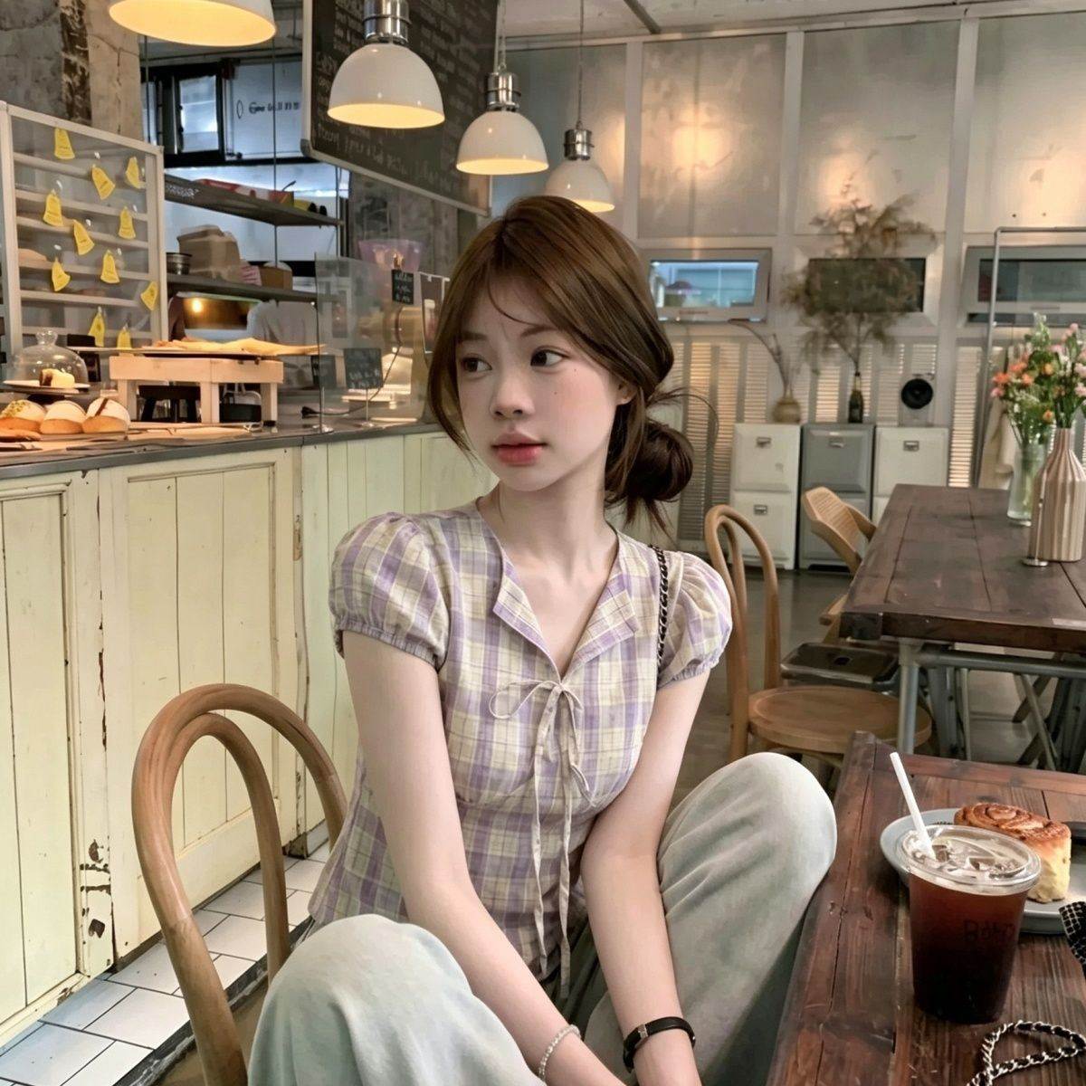韩系格子系带v领短袖上衣女夏季新款减龄感收腰显瘦衬衫