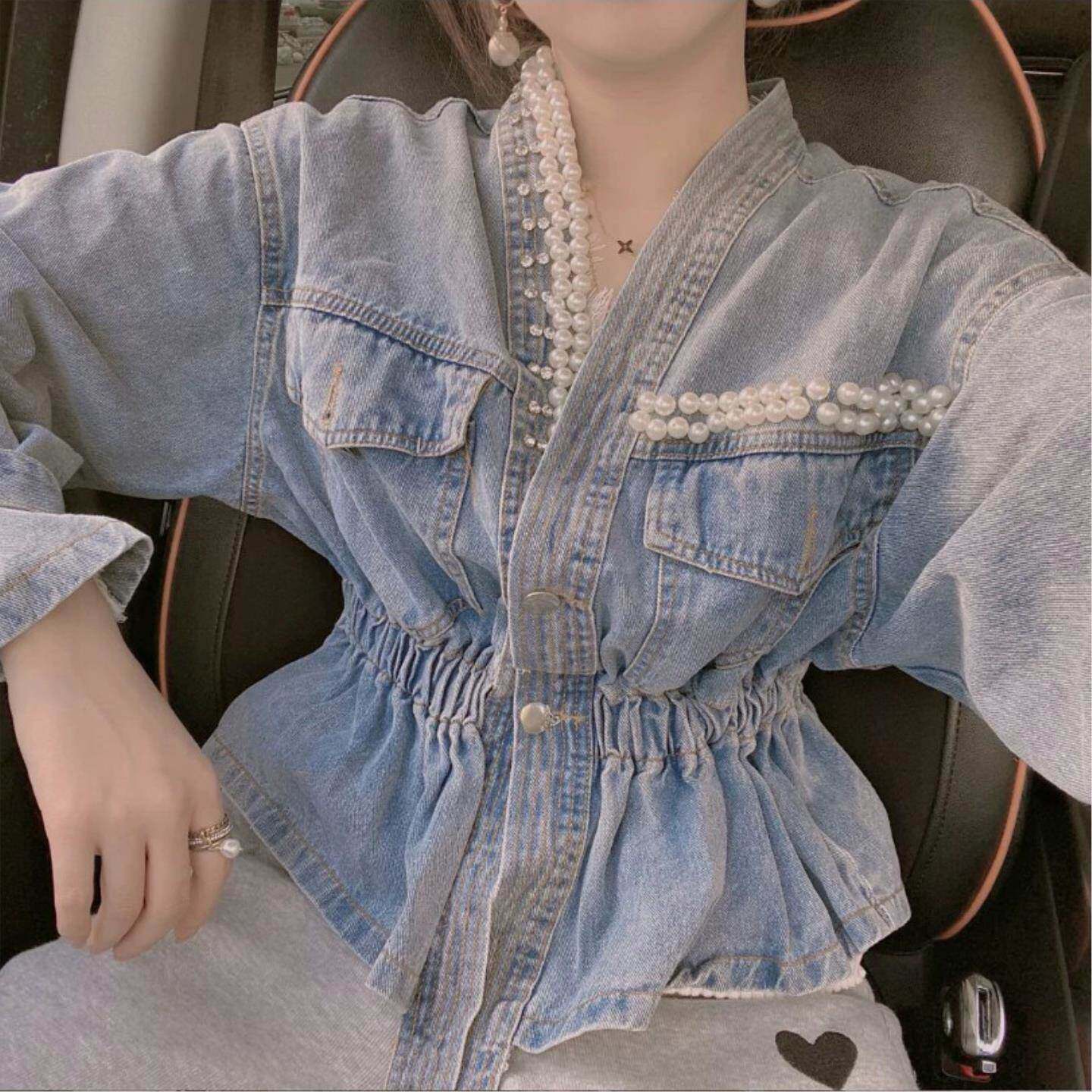 2026春秋新款上衣设计感V领重工不规则钉珠收腰牛仔外套女