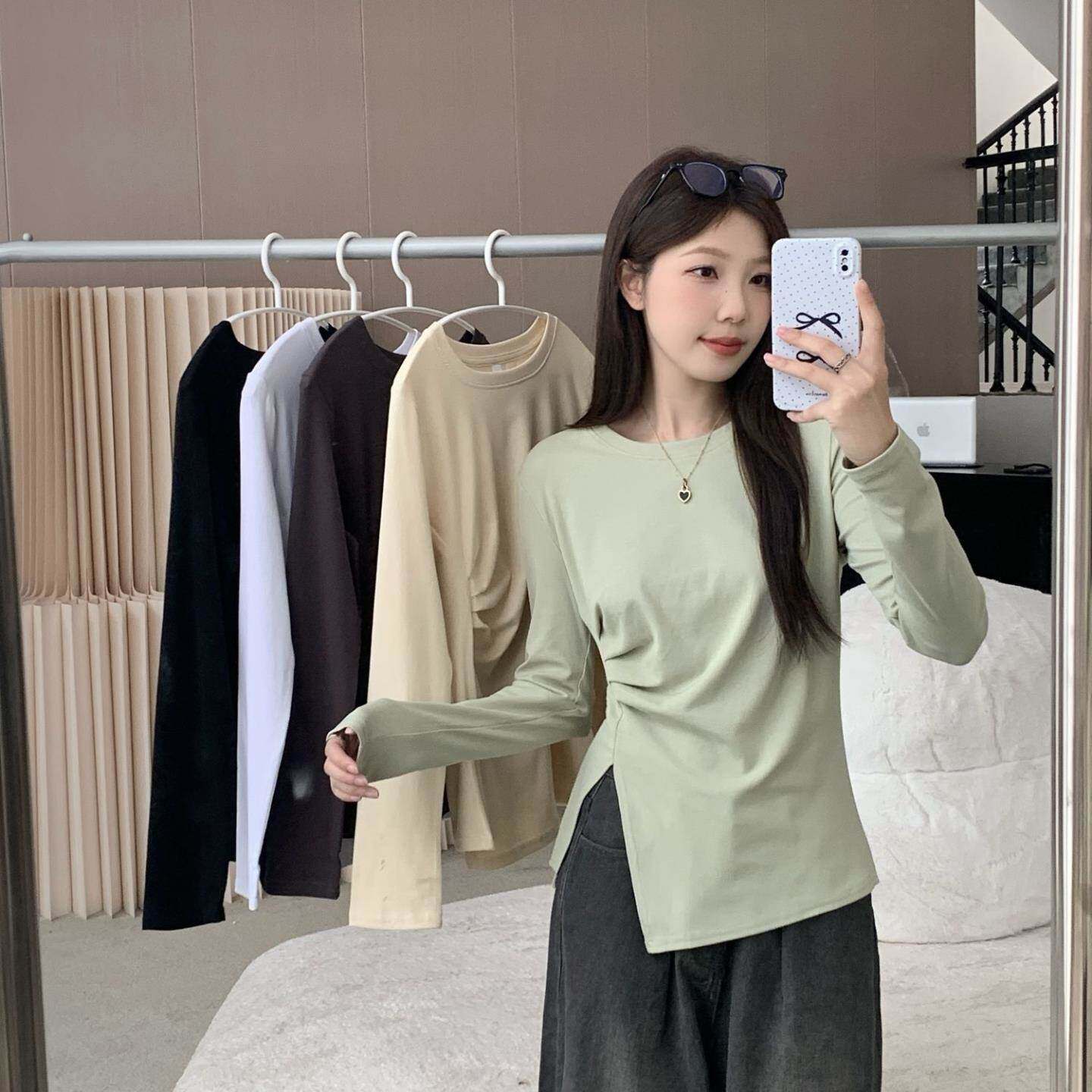 大码T恤女设计感小众秋季新款胖MM不规则开叉显瘦上衣长袖打底衫
