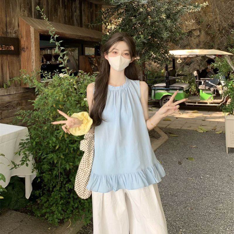 多巴胺黄色无袖背心衬衫女夏季法式荷叶边减龄宽松甜美娃娃衫上衣