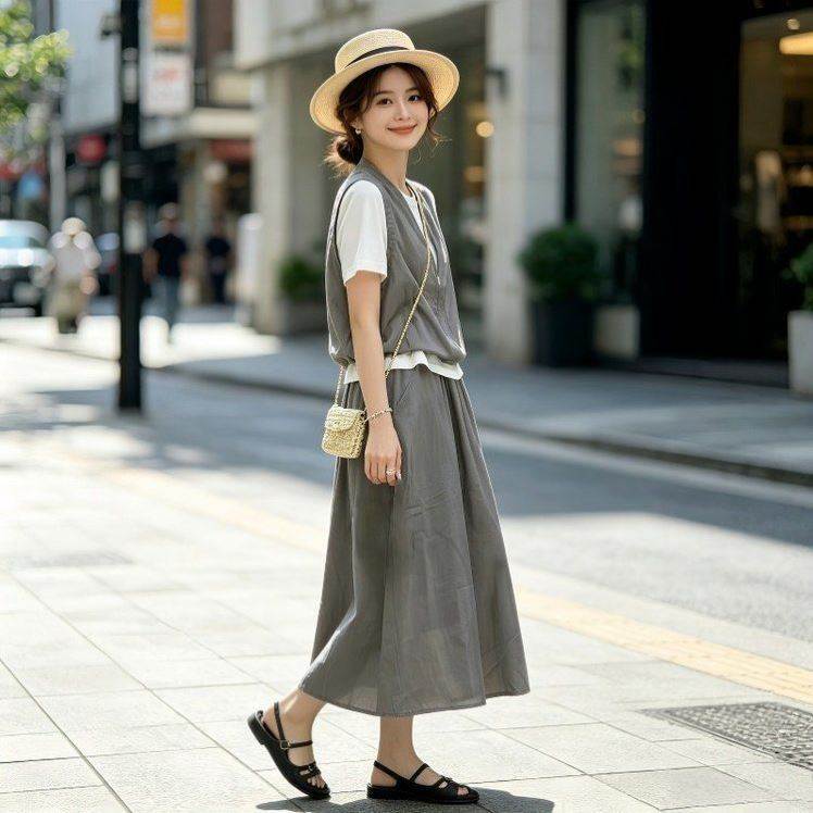 时尚洋气套装裙女2026夏季新款假两件圆领T恤半身裙显瘦两件套