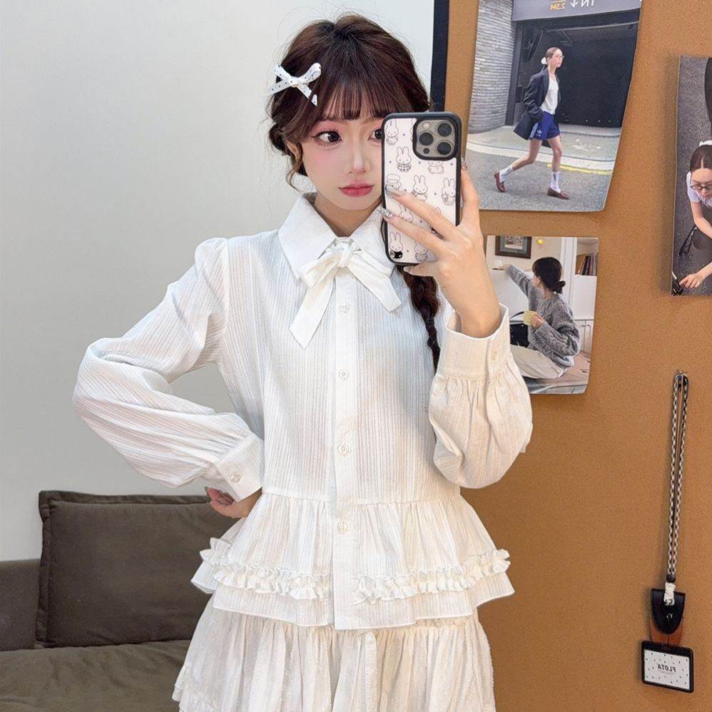 日系甜美风polo领条纹长袖衬衫女春季新款OL木耳花边下摆显瘦衬衣