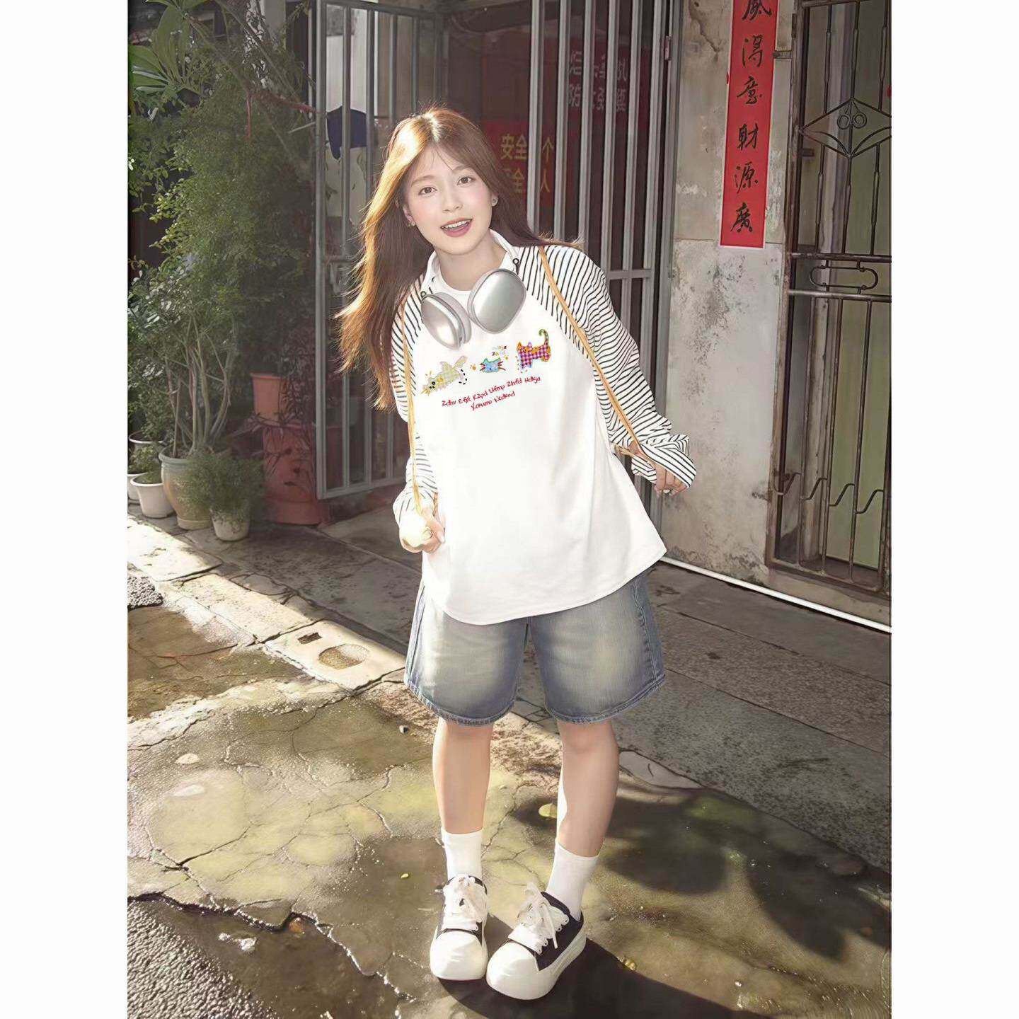 2026新款春秋长袖t恤女条纹美式上衣宽松白色纯棉内搭打底衫