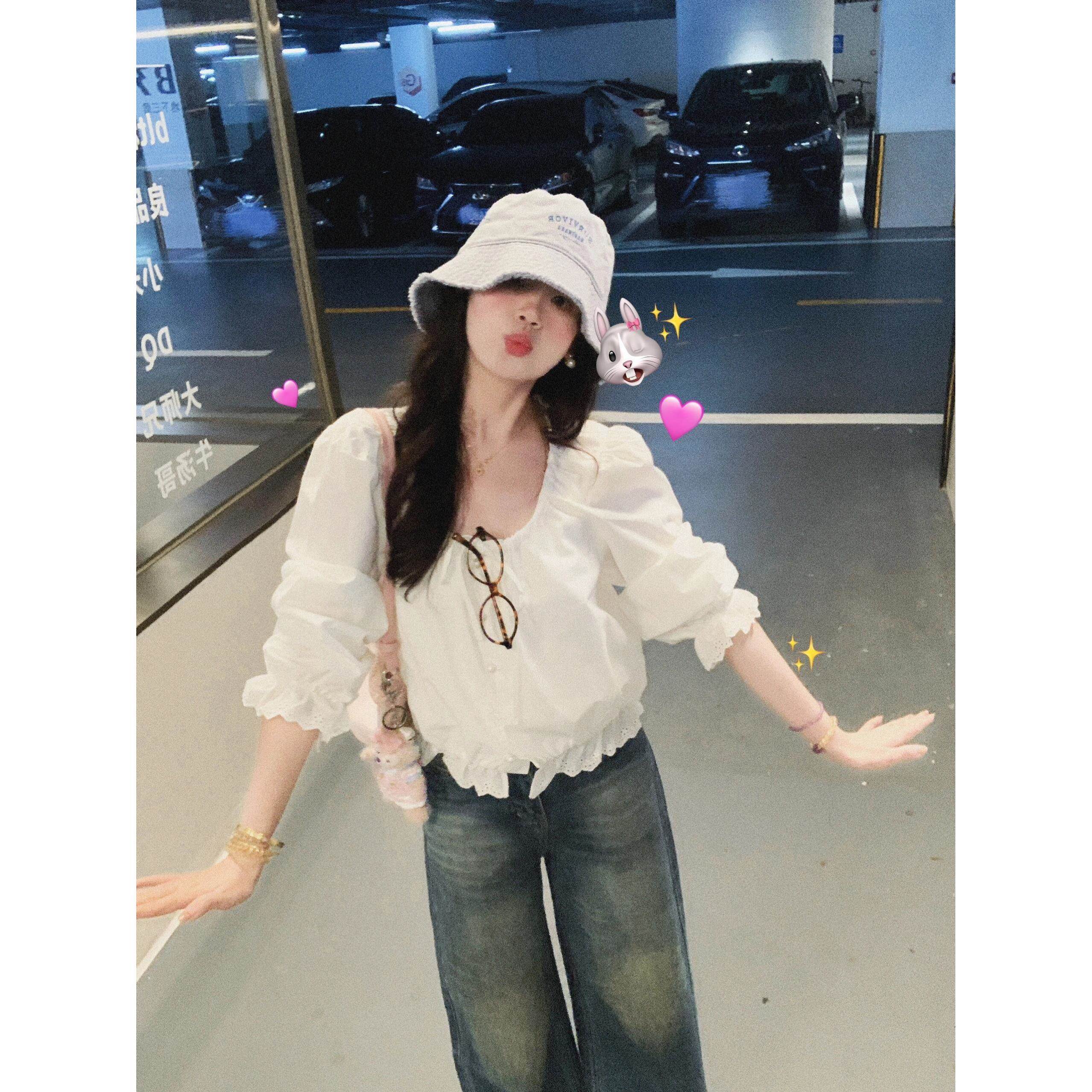 白色泡泡袖长袖衬衫女2026春季新款设计感甜美风蕾丝花边短款上衣