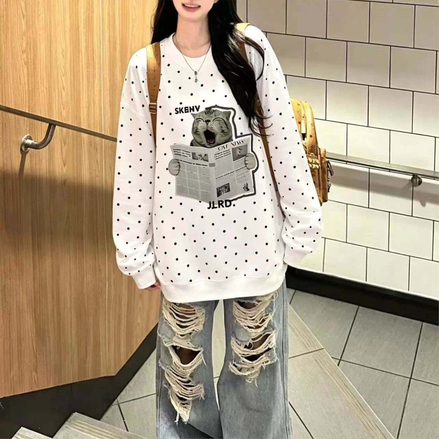 美式复古波点卫衣女春秋季新款宽松慵懒风设计感小众圆领无帽上衣