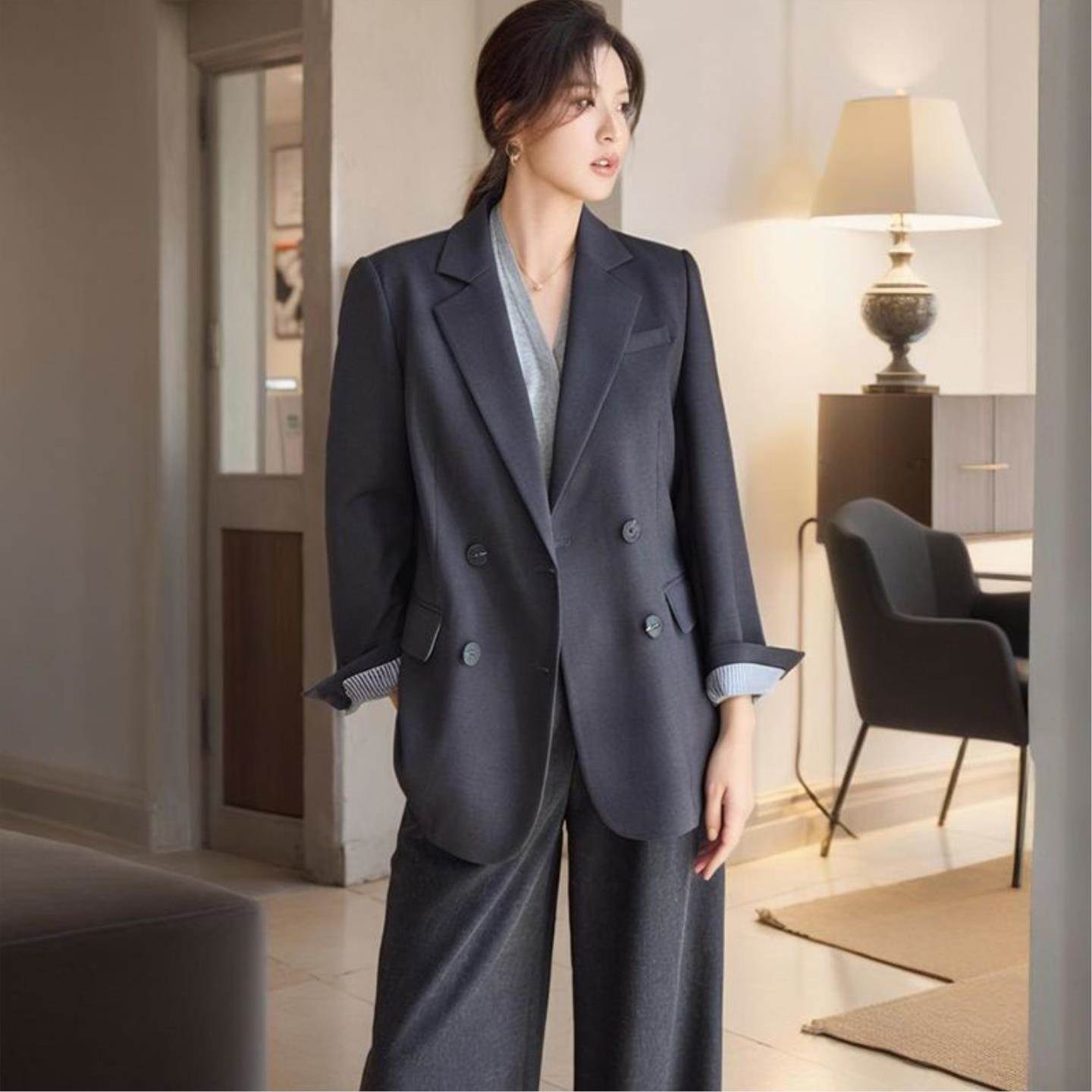 灰色西装外套女春秋小个子韩版新款高级宽松气质休闲西服垂感