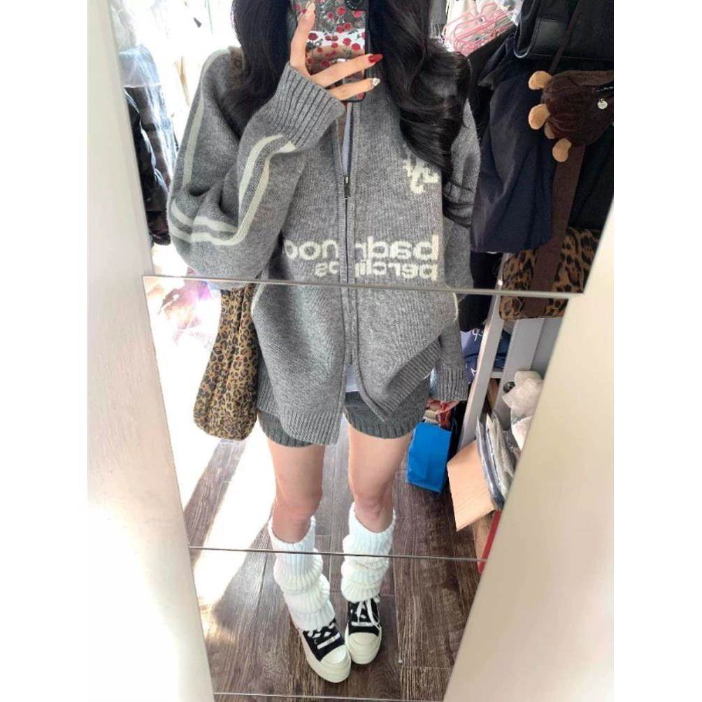 棒球风翻领拉链毛衣开衫女外套秋装新款韩版宽松针织衫