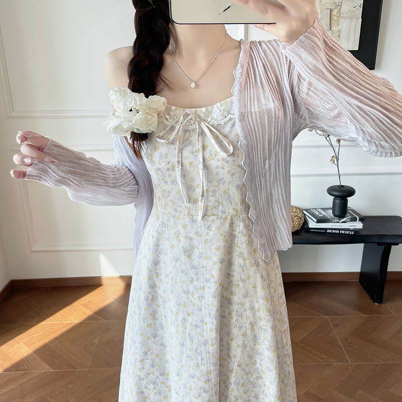 2026夏季韩版软妹甜美奶fufu淡紫碎花裙温柔风吊带长裙+防晒开衫