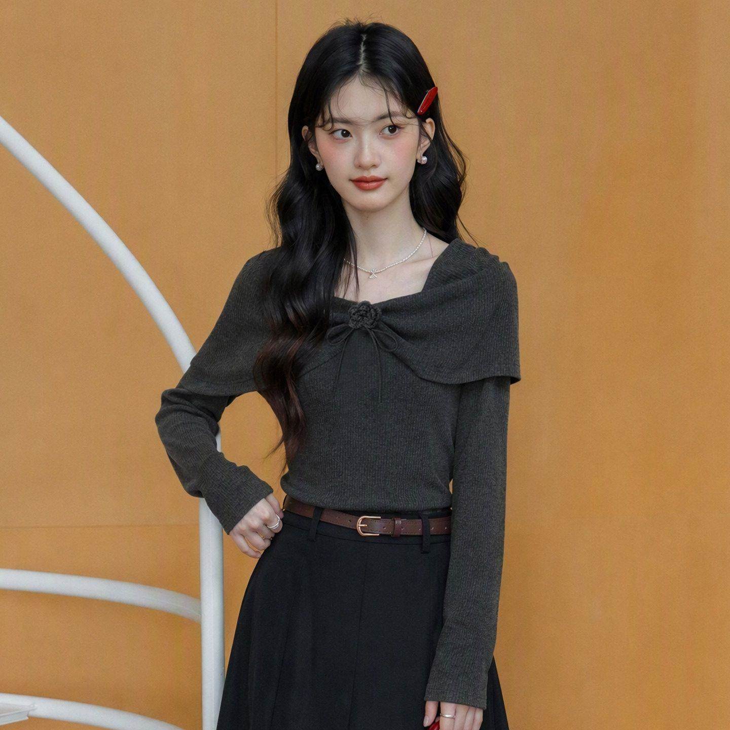 温柔风气质立体花朵t恤女2026秋新款甜美荷叶边方领长袖上衣