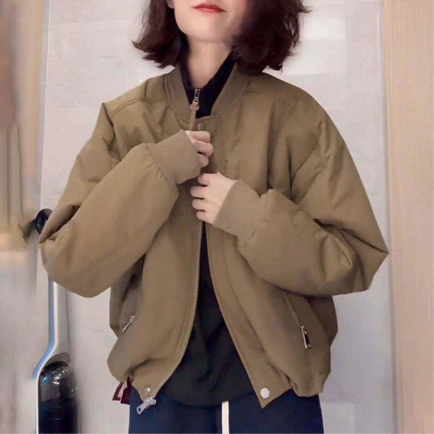 纯色短外套女冬季宽松遮肉显瘦时尚百搭美式复古立领上衣