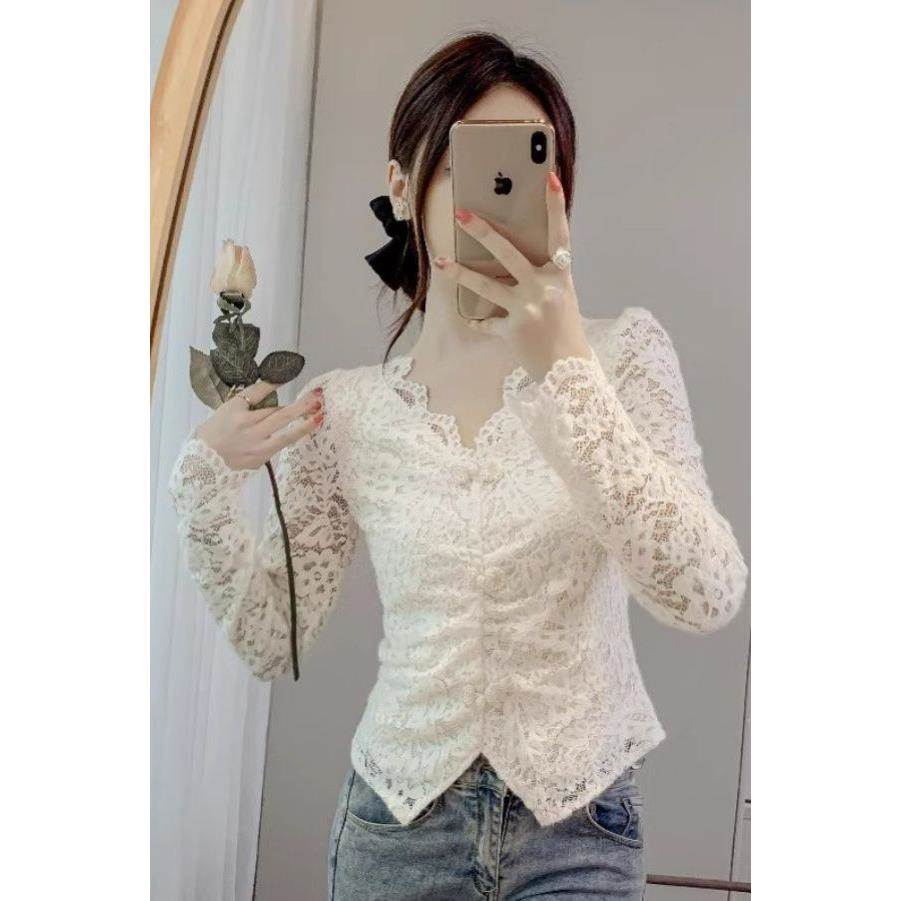 V领蕾丝打底衫女春夏加厚内搭洋气法式加绒衬衣泡泡长袖短款上衣
